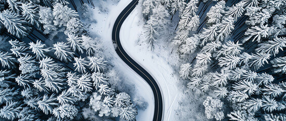 road in the mountain forest in winter, AI generated