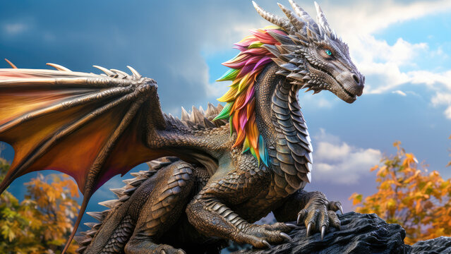 Realistic dragon perched on rocks with multi-colored feathered mane and wings against a stormy sky