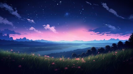 Meadow landscape, dusk. Anime style watercolor as background.