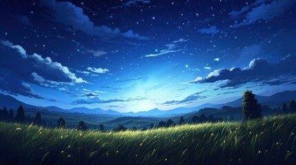 Evening Meadow landscape, sunset, star fall, dusk. Anime style watercolor as background.