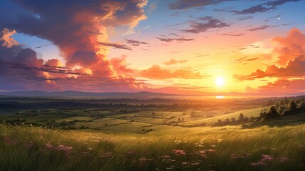 Meadow landscape, sunset, dusk. Anime style watercolor as background.	