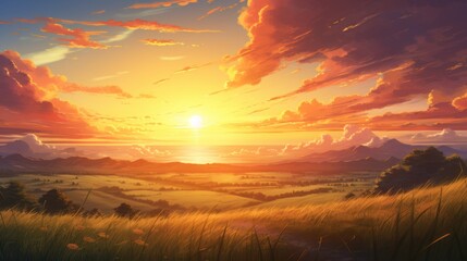 Meadow landscape, sunset, dusk. Anime style watercolor as background.	 - obrazy, fototapety, plakaty
