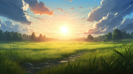 Meadow landscape, sunset, dusk. Anime style watercolor as background.	
