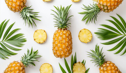 Sliced pineapple with green tropical leaves creative 
 pattern isolated on white background, summer background, Top view and flat lay
 - obrazy, fototapety, plakaty