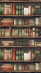 old books on shelves in the library, watercolor vertical background