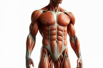 Human anatomy showing body with muscular system visible isolated on solid a white background. ai generative