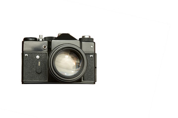 Small-format single-lens reflex camera with semi-automatic exposure control on a white background....