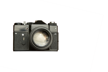 Small-format single-lens reflex camera with semi-automatic exposure control on a white background. Copy space, PNG