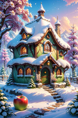 Fototapeta premium Wooden house in winter forest. Mountain house in the snow at night. Misty night
