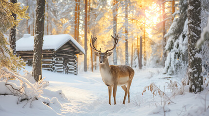 Noble deer in winter forest in Finnish Lapland against the background of a snow-covered forest hut.,