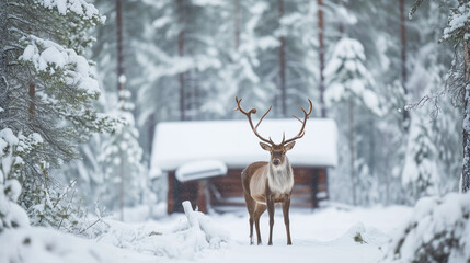 Obraz premium Noble deer in winter forest in Finnish Lapland against the background of a snow-covered forest hut.,
