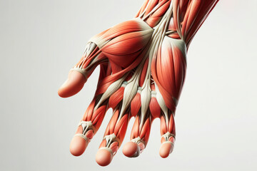 Human anatomy showing hand with muscular system visible isolated on solid a white background. ai generative