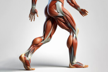 Human anatomy showing leg with muscular system visible isolated on solid a white background. ai generative