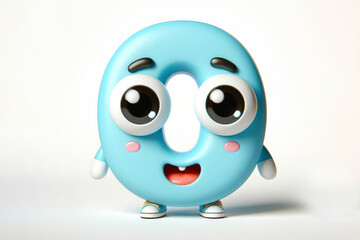 little cute happy number 0 3d character with bulging eyes on solid a white background. ai generative