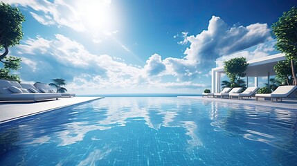 Obraz premium a blue hotel infinity pool under the midday sun, the refreshing and luxurious atmosphere, with the pool extending seamlessly into the horizon.
