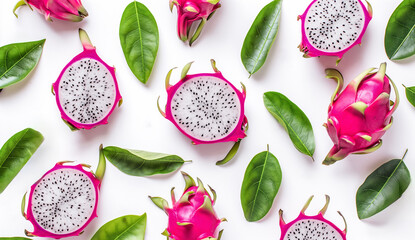 Dragon fruits with leaves creative pattern isolated on white background.  summer background, Top view and flat lay

