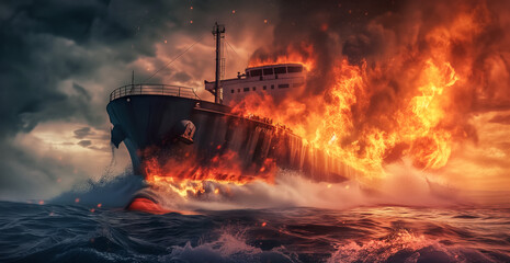 The ship in fire. Large general cargo ship for logistic import export goods  the explosion and had a lot of fire and smoke at sea - Powered by Adobe