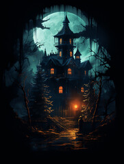 Fototapeta na wymiar T-shirt design, haunted Victorian mansion, spooky and atmospheric, dark and stormy night, gothic horror style created with Generative Ai