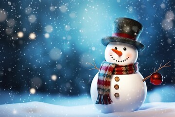 Illustration of snowman wearing scarf and hat with falling snow