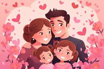 Illustration of young family on pink background