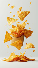 Crisp tortilla chips flying out of a container on a clean, white background, captured in a dynamic freeze motion, showcasing a burst of snackable delight.