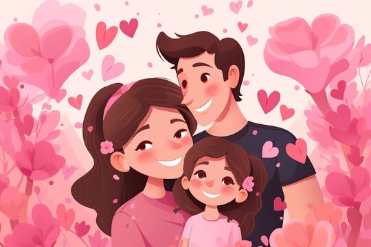 Illustration of young family on pink background
