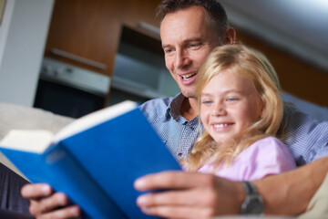 Father, child and reading a book for education at home, story and fantasy fiction for homeschooling. Daddy, daughter and care for bonding, literacy and storytelling for language development or growth