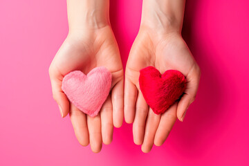 Valentine's day card. Women's hands hold pink and red heart shapes. Generative AI