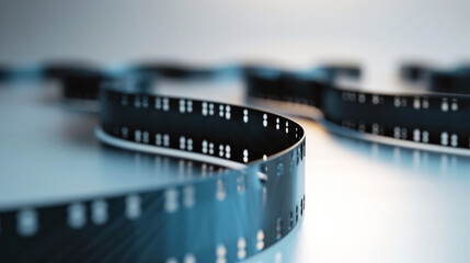 A close-up of a winding film strip on a reflective surface, a metaphor for the intricate journey of storytelling in cinema, showcased at International Film Festivals.