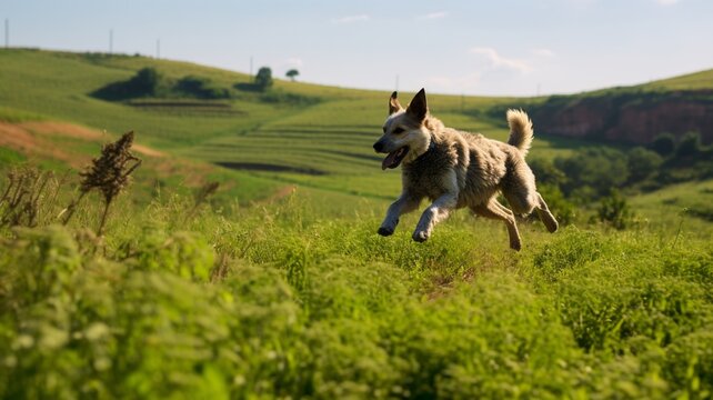 Dog running away chasing ball jump play farm stock photos