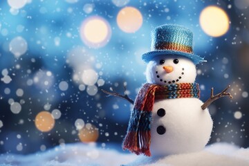 Beautiful snowman wearing scarf and hat with falling snow