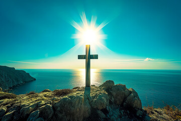 Mountaintop Cross in God's Light. Heavenly Horizon: Cross of Christ in Morning Radiance. Majestic Sunrise: Christ's Cross on the Mountain Summit - obrazy, fototapety, plakaty
