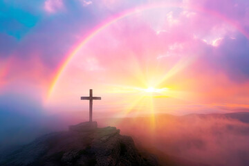 Fototapeta premium Mountaintop Cross in God's Light and rainbow. Heavenly Horizon: Cross of Christ in Morning Radiance. Majestic Sunrise: Christ's Cross on the Mountain Summit