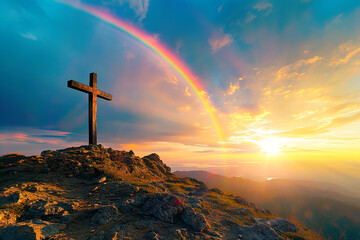 Mountaintop Cross in God's Light and rainbow. Heavenly Horizon: Cross of Christ in Morning Radiance. Majestic Sunrise: Christ's Cross on the Mountain Summit
