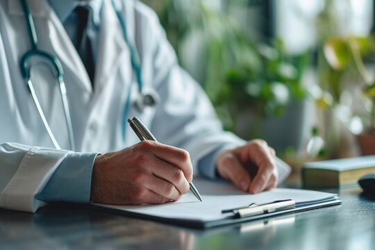 A professional male doctor with a stethoscope in a white medical coat takes notes in a notepad at his workplace in a hospital.