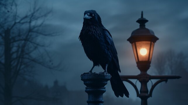 Gothic Lamppost Elegance: Majestic Crow Perched on Ornate Street Light - AI-Generative