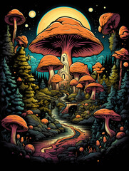 Fototapeta premium T-shirt design, psychedelic mushroom forest, vibrant and swirling colors, surreal landscapecreated with Generative Ai