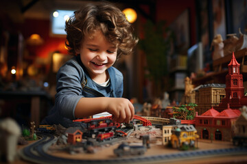 Preschooler with brunette wavy hair plays with a toy railroad in a large room