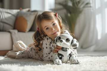 Little girl hugs a soft toy robot dog on a floor in a light room
