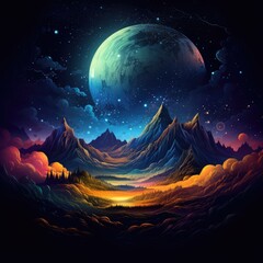 Mystical Fantasy Planet Landscape with Dark Mountain Surface and AI-Generated Night Sky Background