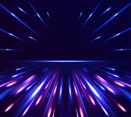 Panoramic high speed technology concept, light abstract background. Vector dark blue abstract background with ultraviolet neon glow, blurry light lines, waves. 