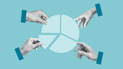 Profit sharing. Market share, financial concept. Collage with the hands and cake pie chart