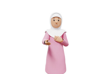 3d illustration of muslim woman greeting with white shirt and transparent background