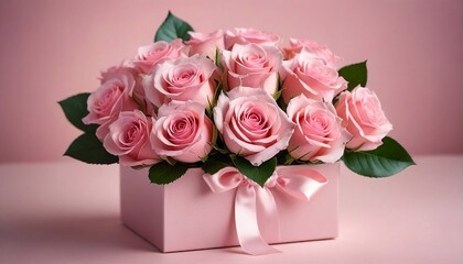Beautiful bouquet of Pink roses and gift box with satin bow on pastel pink background. Birthday, Wedding, Mother's Day, Valentine's day, Women's Day concept. Generative AI