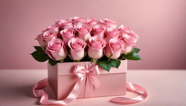 A beautiful bouquet of roses in a gift box with a satin bow. Generative AI