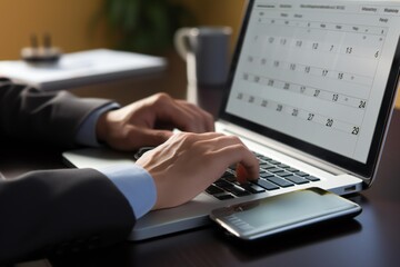 Businessman Using Laptop, Organizing Calendar with 1
