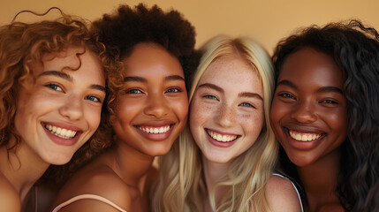 Fototapeta premium Happy Multicultural Girls on Beige Background - Smiling Positive Diverse Women, Beauty Faces