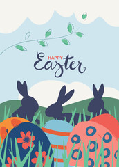 Easter poster or greeting card with easter eggs and rabbits in the meadow
