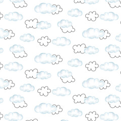 Watercolor and doodle clouds seamless pattern. Blue and black outline clouds repeat on white background. 