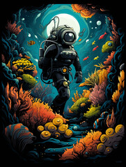 T-shirt design, underwater explorer, vintage diving suit, surrounded by colorful coral reef and exotic fish created with Generative Ai